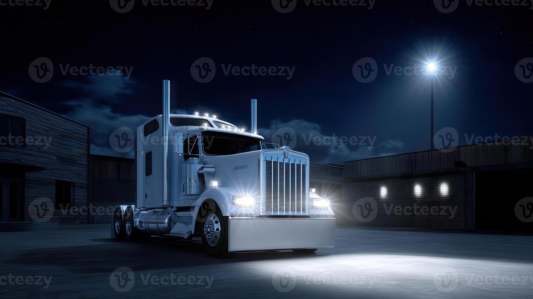 A large semi truck parked in front of a building at night photo