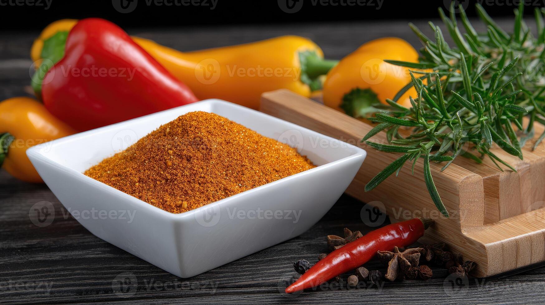 A bowl of spices and peppers on a wooden table photo