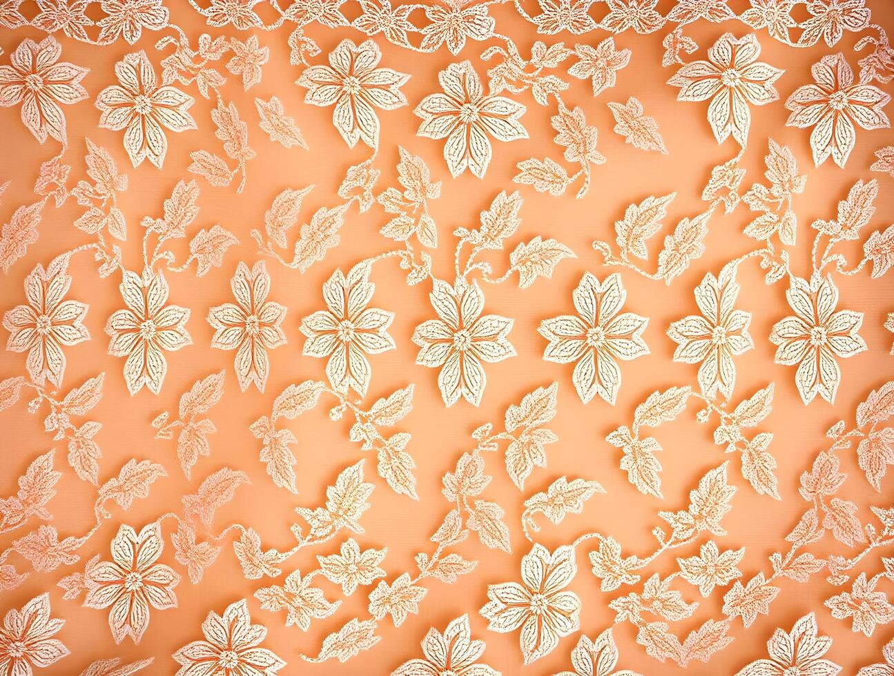 Peach Background with Elegant White Lace Floral Pattern Perfect for Wedding Invitations Apparel Design and Textile Projects photo