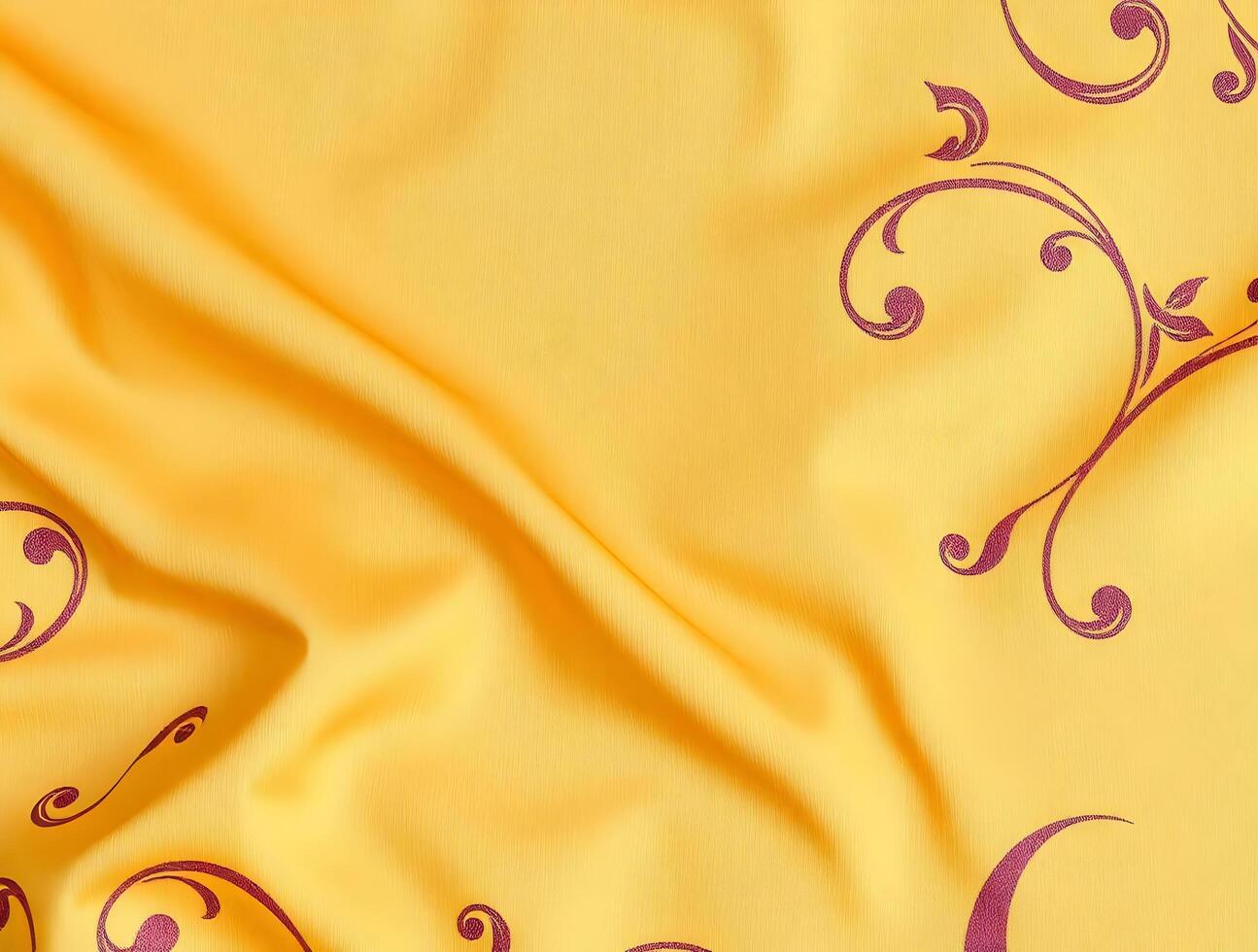 A yellow and purple fabric with swirls on it photo