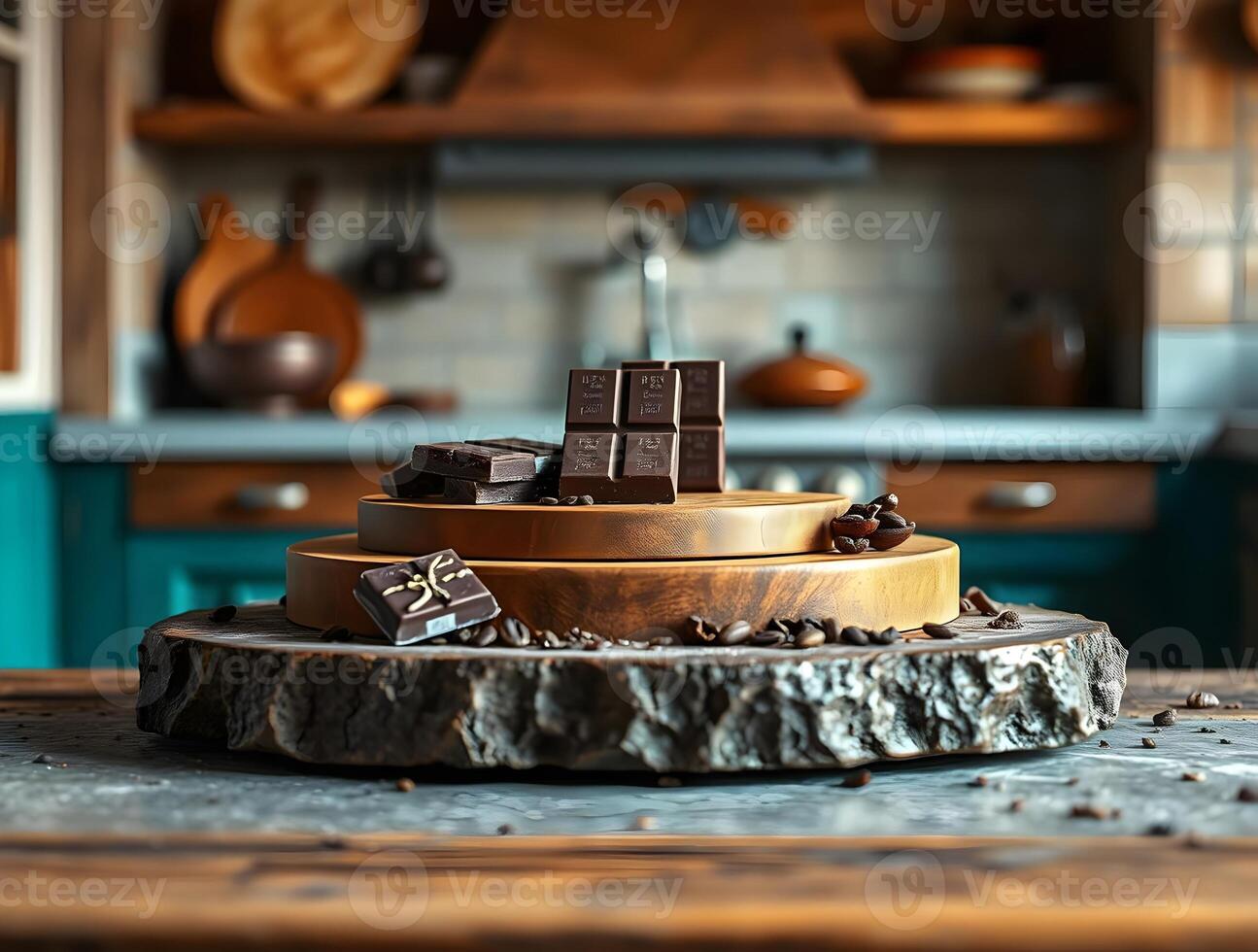 A stack of chocolate bars on a wooden table photo