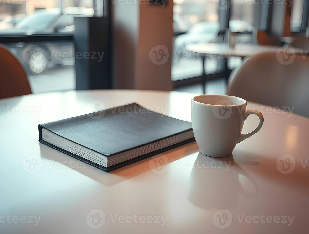 Coffee and book on table in cafe photo