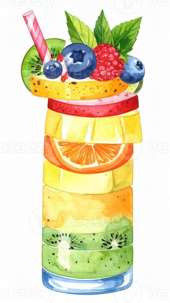 Colorful Fruit Stack Watercolor Drink Illustration Featuring Kiwi Orange and Berries photo