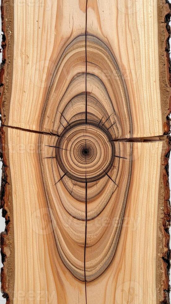 Cross Section of Tree Trunk Showing Grain Pattern with Saw Cuts and Circular Rings photo