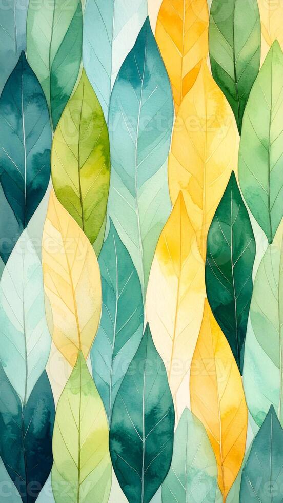 Watercolor Leaf Pattern Background in Green Yellow and Teal Hues with Abstract Design photo