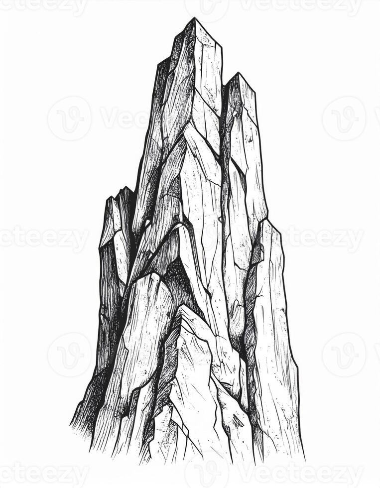 Towering Rock Formation with Jagged Edges in Black and White Illustration Style photo