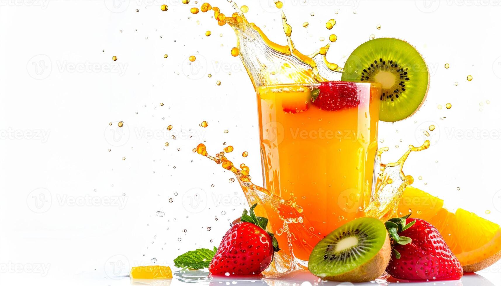 Vibrant Fruit Juice Splash with Kiwi Strawberry and Orange on White Background photo