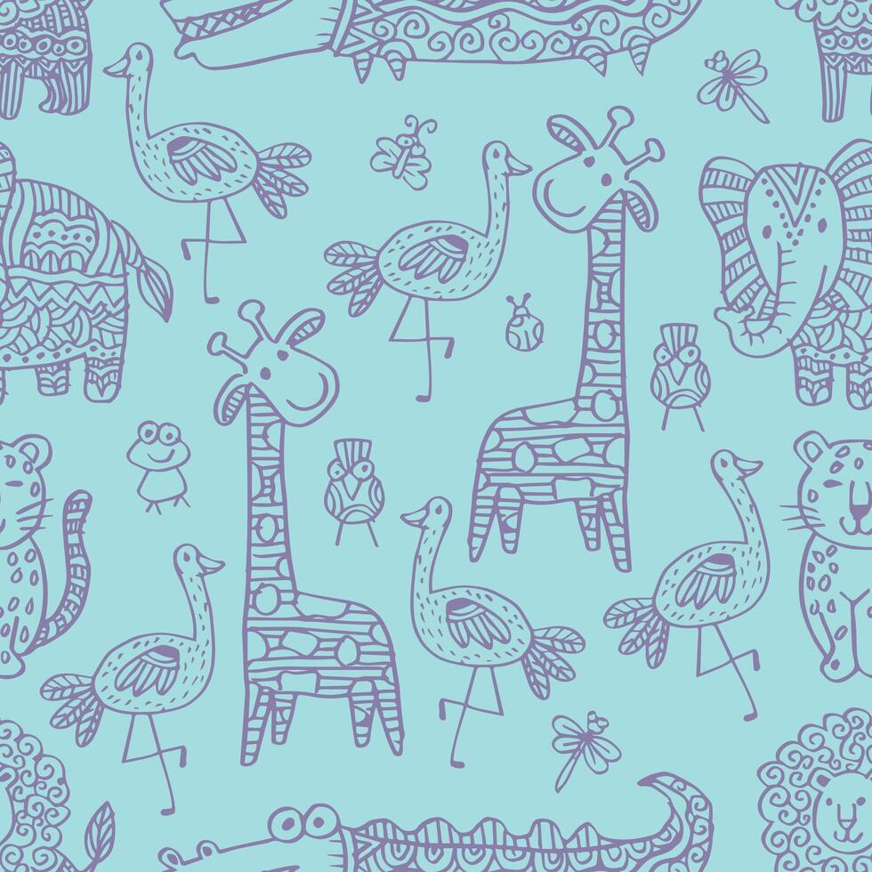 Whimsical animal doodles on blue background vector
