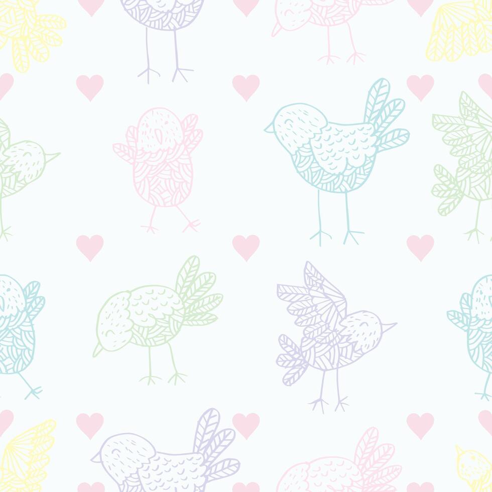 Whimsical bird and heart pattern vector