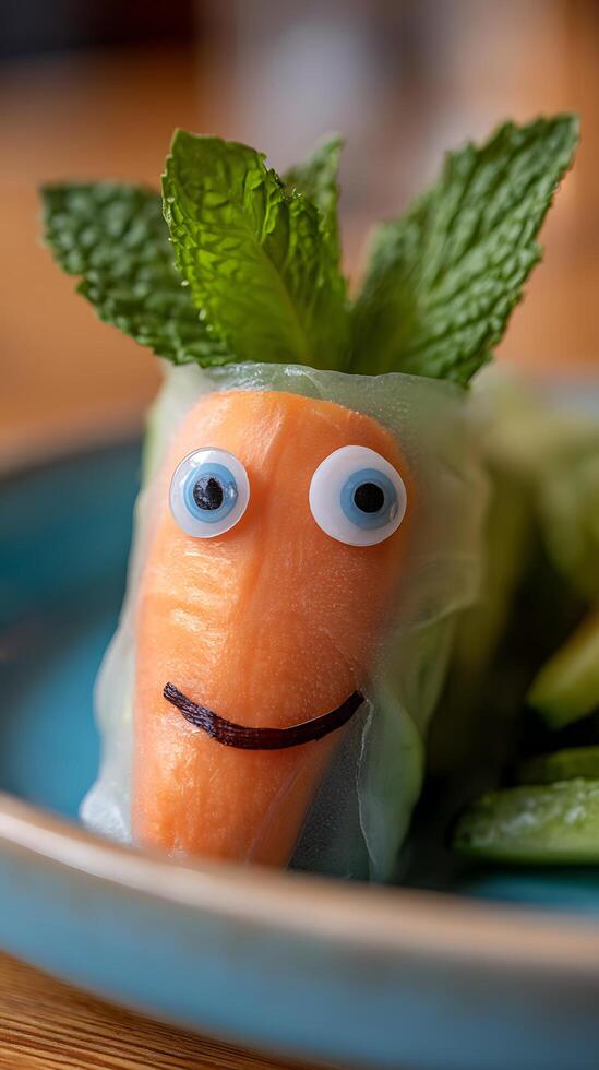 Cute and Healthy Spring Roll Face Makes Mealtime Fun. photo