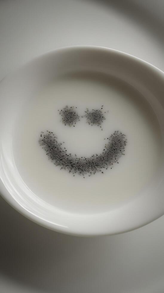 Healthy Breakfast Delight Smiley Face Made of Chia Seeds in Milk. photo