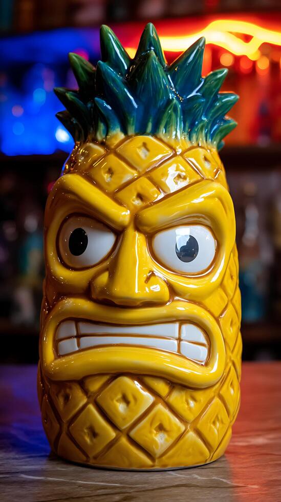 Fierce Pineapple Tiki Mug with Neon Bar Glow. photo