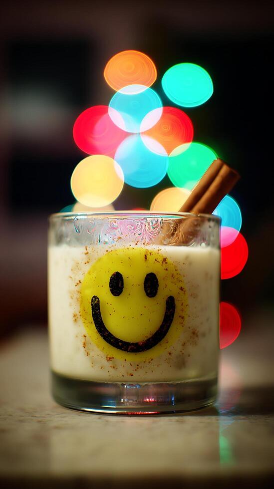 Smiling Face Drink with Cinnamon and Colorful Bokeh Lights. photo