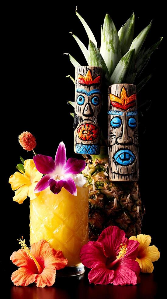 Tropical Tiki Cocktail Paradise with Pineapple and Hibiscus Flowers. photo