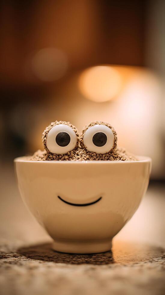 Adorable Monster Cookie Bowl with Googly Eyes Smiling Brightly. photo