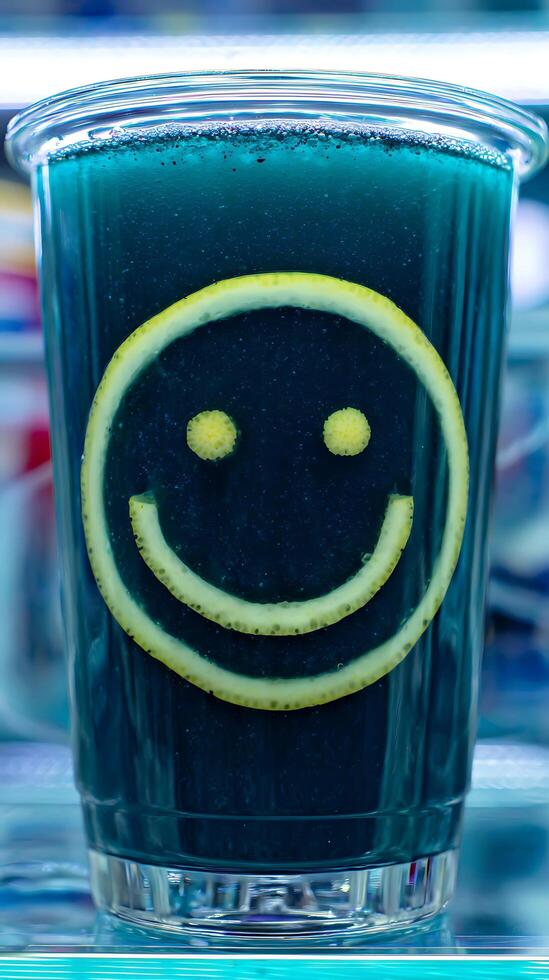 Bright Blue Drink with a Smiley Face Lemon Slice Decoration. photo