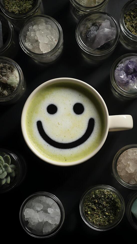 Happy Matcha Moment Surrounded by Natural Treasures for Well being. photo