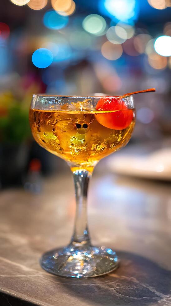 Refreshing Cocktail with Cherry Garnish and Soft Bokeh Lights. photo