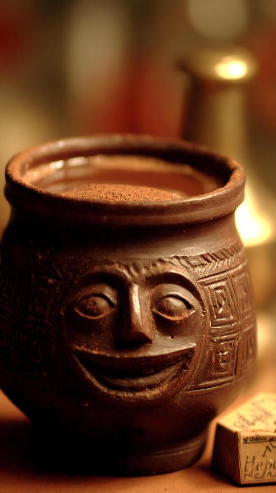 A Smiling Pot of Cocoa with Ancient Carvings and Warm Lighting. photo