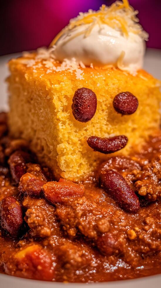 Smiling Face Chili with Cornbread and Sour Cream Delight. photo