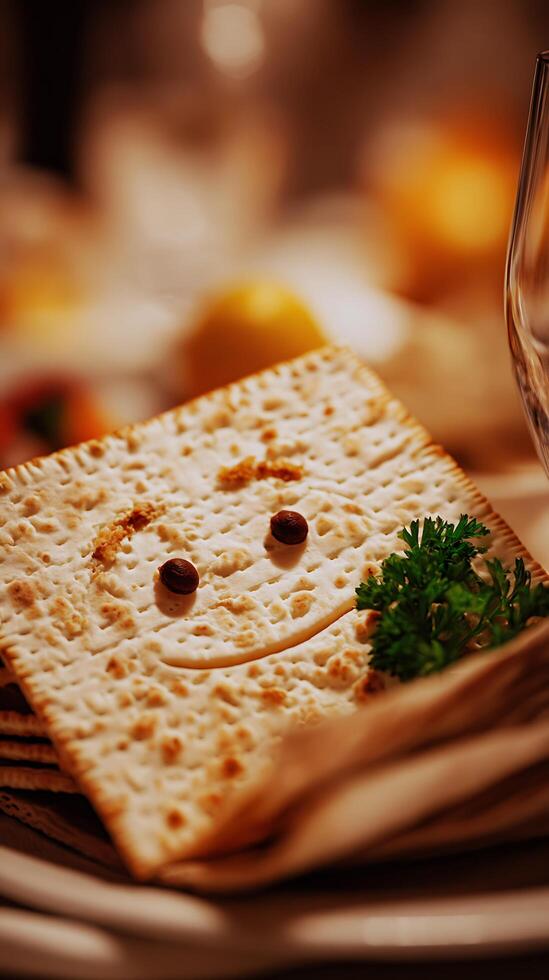 A Happy Face Made of Matzah and Coffee Beans on a Festive Table. photo