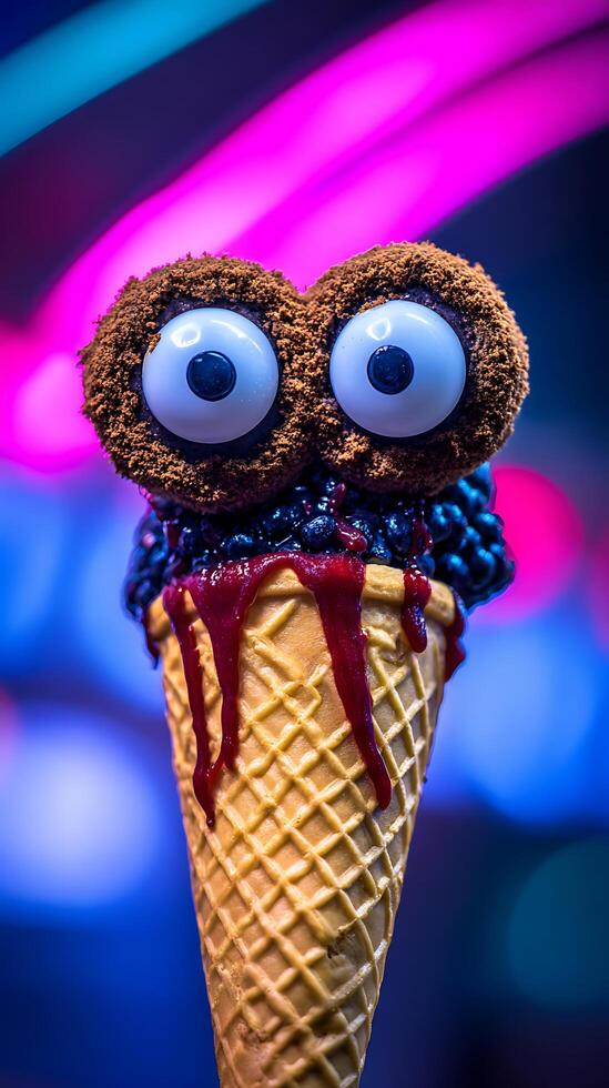 Funny Monster Ice Cream Cone with Googly Eyes and Dripping Sauce. photo