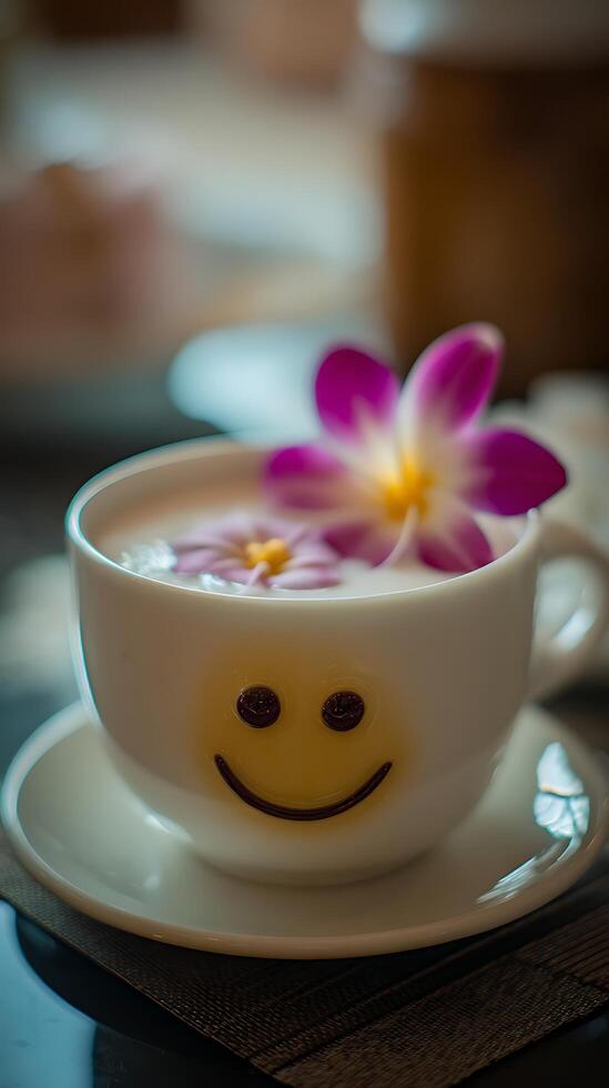 Whimsical Coffee Cup with Smiley Face and Orchid Flower Decoration. photo