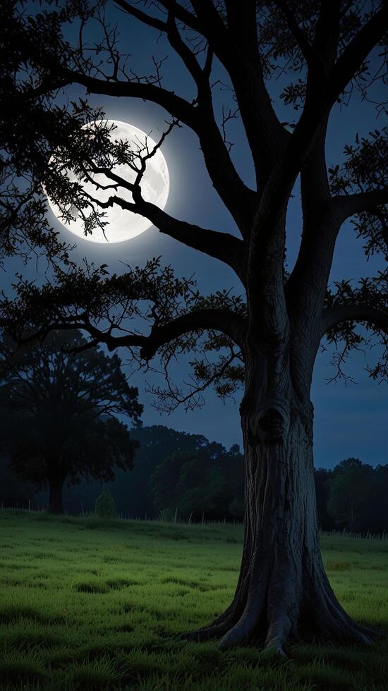 A large tree in the middle of a field with a full moon photo