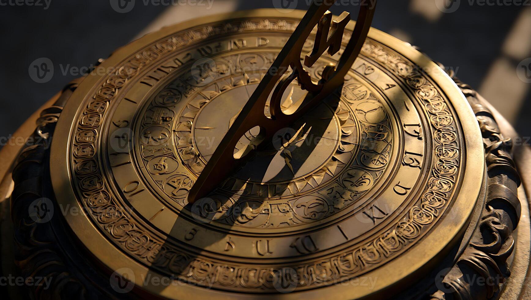 Close up of a golden sundial showing the hour with intricate details and craftsmanship showcasing the passage of time and the art of horology photo