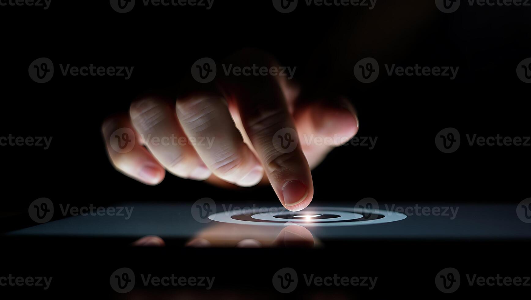 Finger Touching Screen with Target Icon in the Dark Digital Technology and Modern User Interface Concept Focus on Innovation photo
