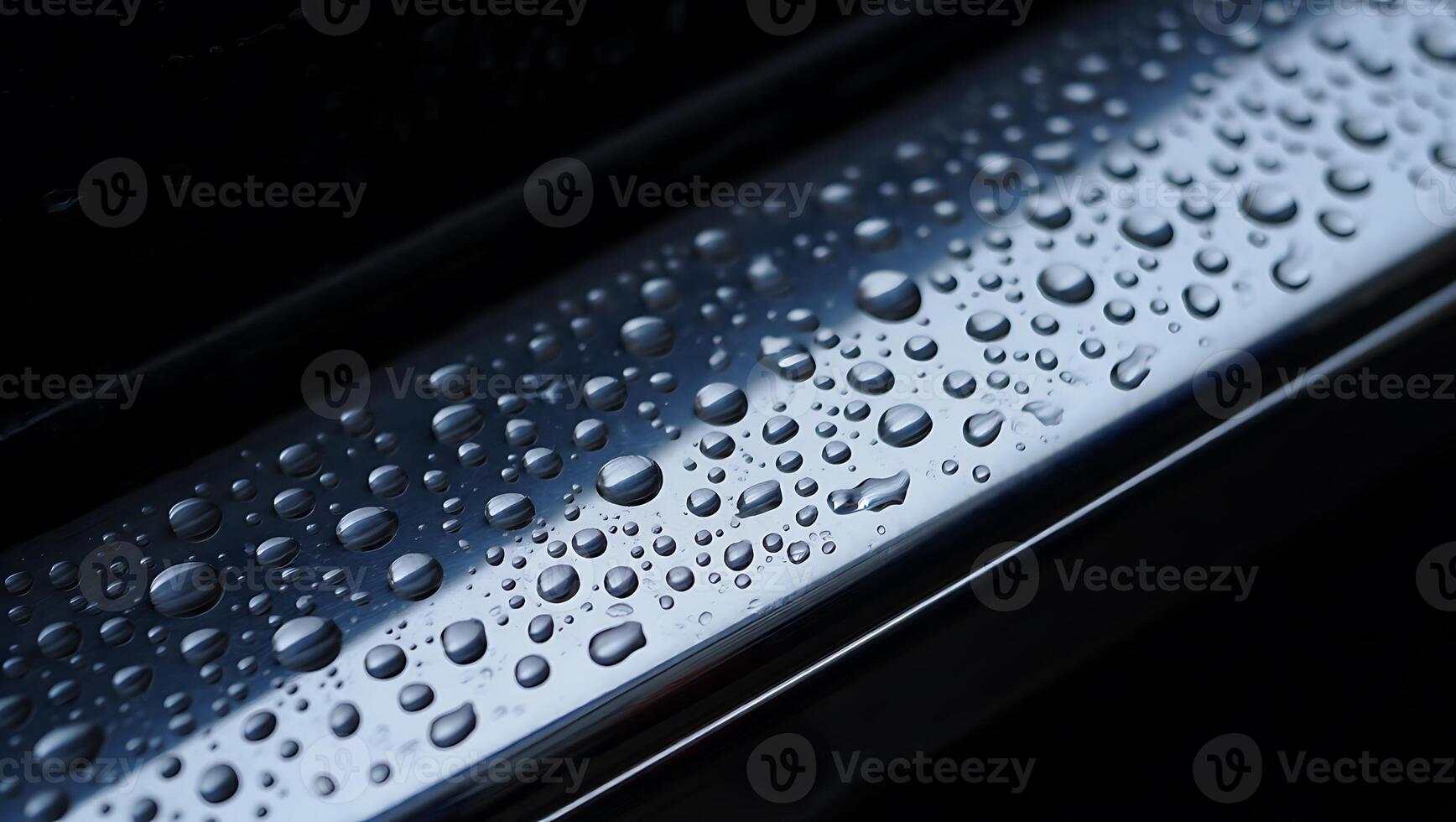 Close up of Raindrops on Shiny Metallic Surface Creating Abstract Water Patterns and Reflections Beautiful Macro View photo