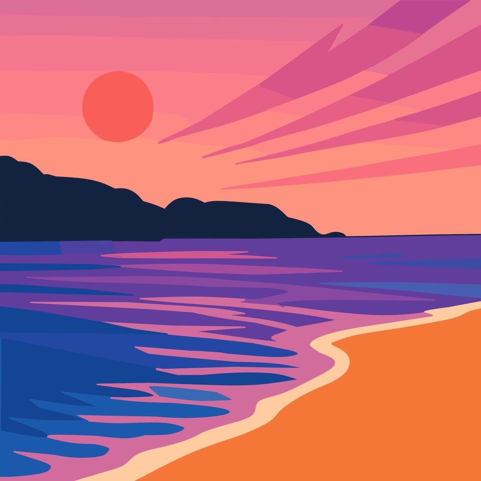 Illustration of a sunset view on the beach. Illustration in a minimalist style. vector