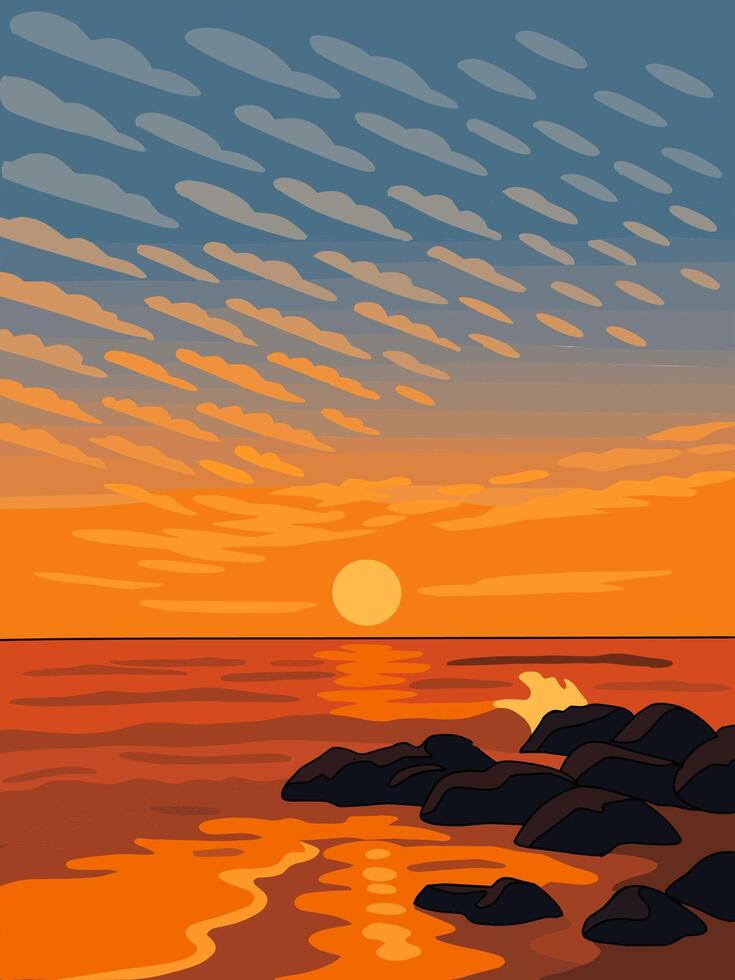 Illustration of a sunset view on the beach. Illustration of an environmental theme with a minimalist style. vector