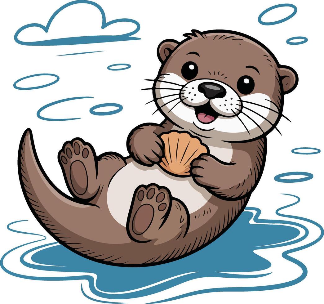 A playful otter is floating in the water with a scallop shell in its paws Crayon style transparent vector
