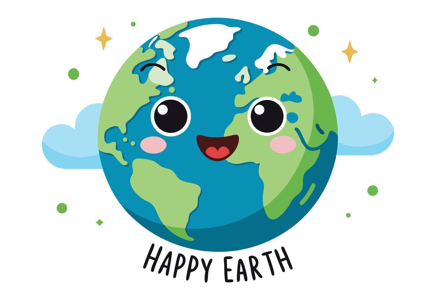 Cartoon Earth with Smiling Face, Clouds, Stars and Happy Earth Text Design vector