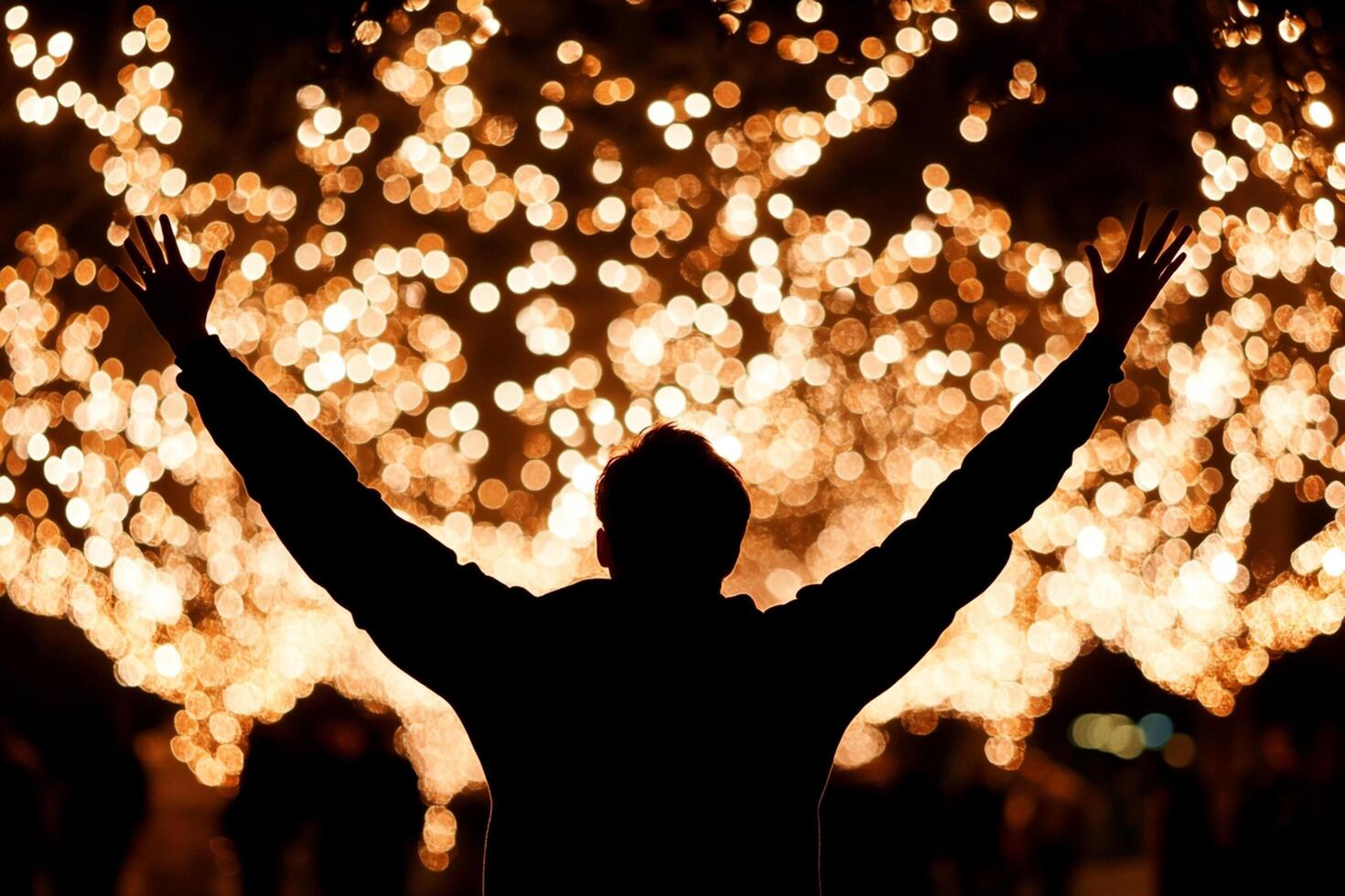 A man with his arms up in the air in front of a lighted up tree photo