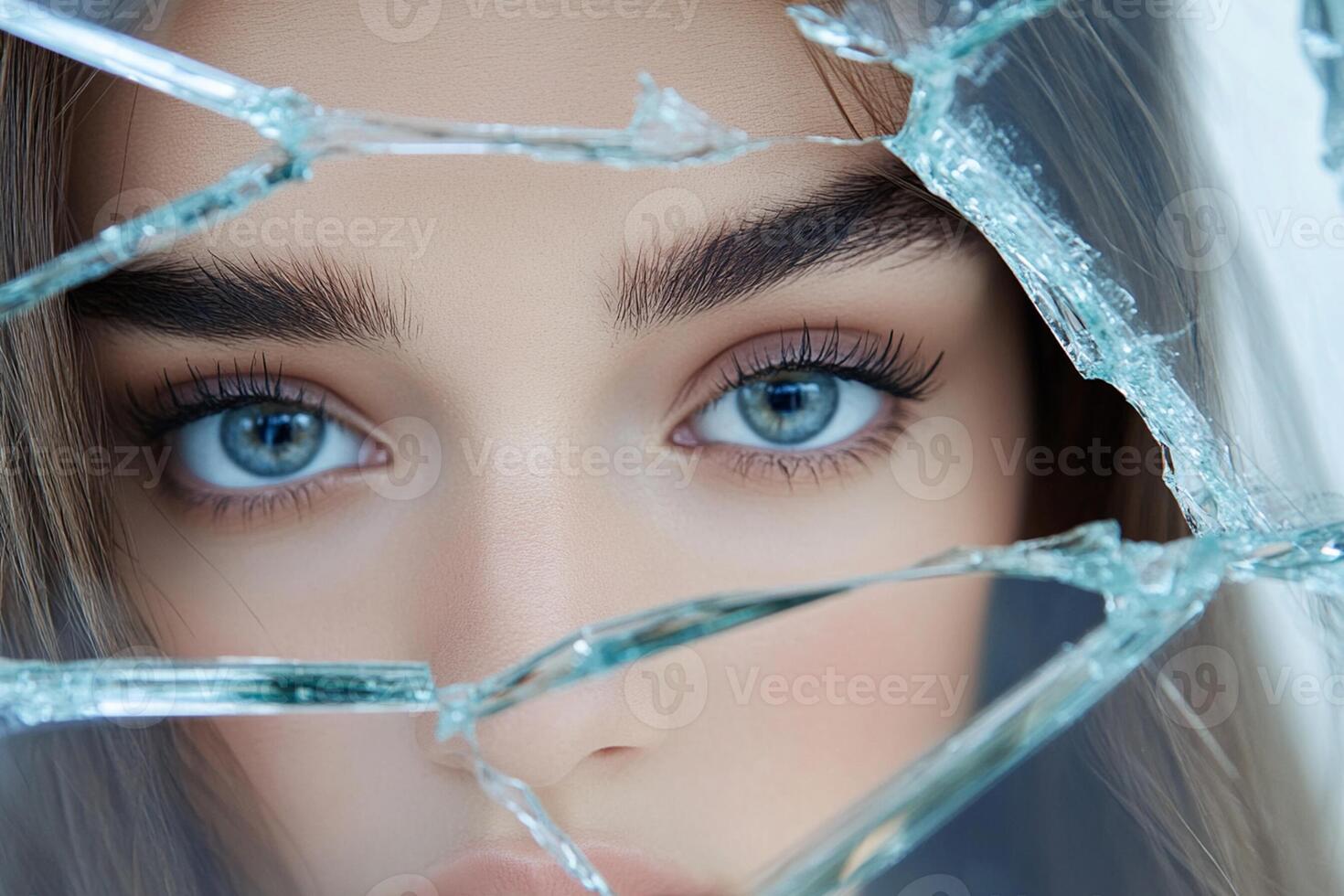 A woman with blue eyes looking through a broken window photo