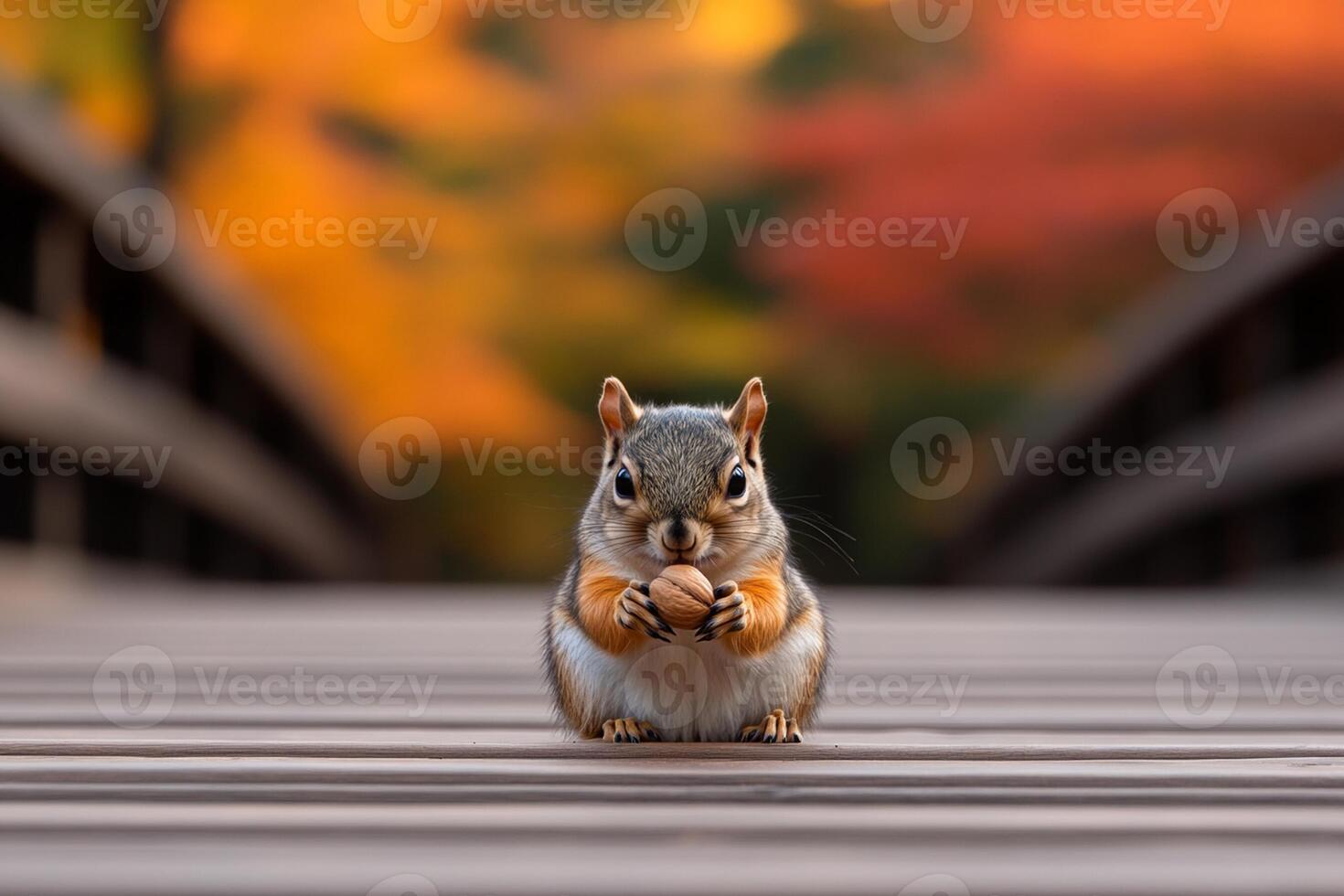 A squirrel sitting on a wooden bridge with autumn trees in the background photo