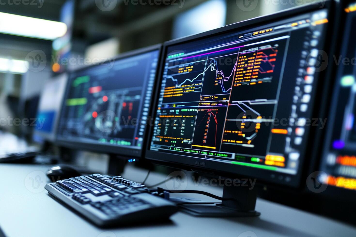 Three computer monitors are on a desk in front of a keyboard photo