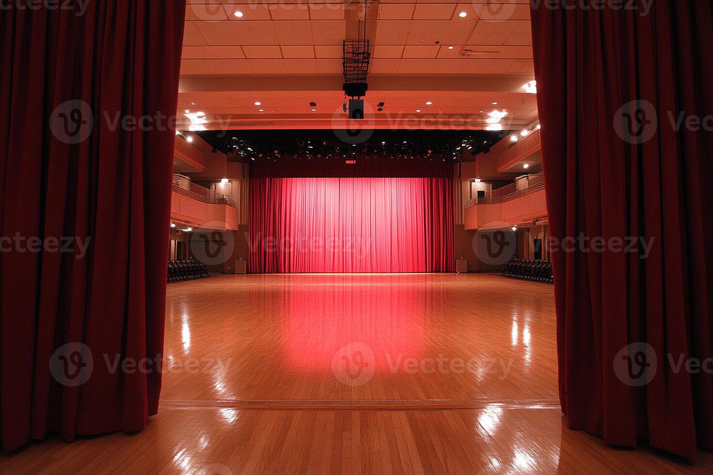 A large empty room with a red curtain photo