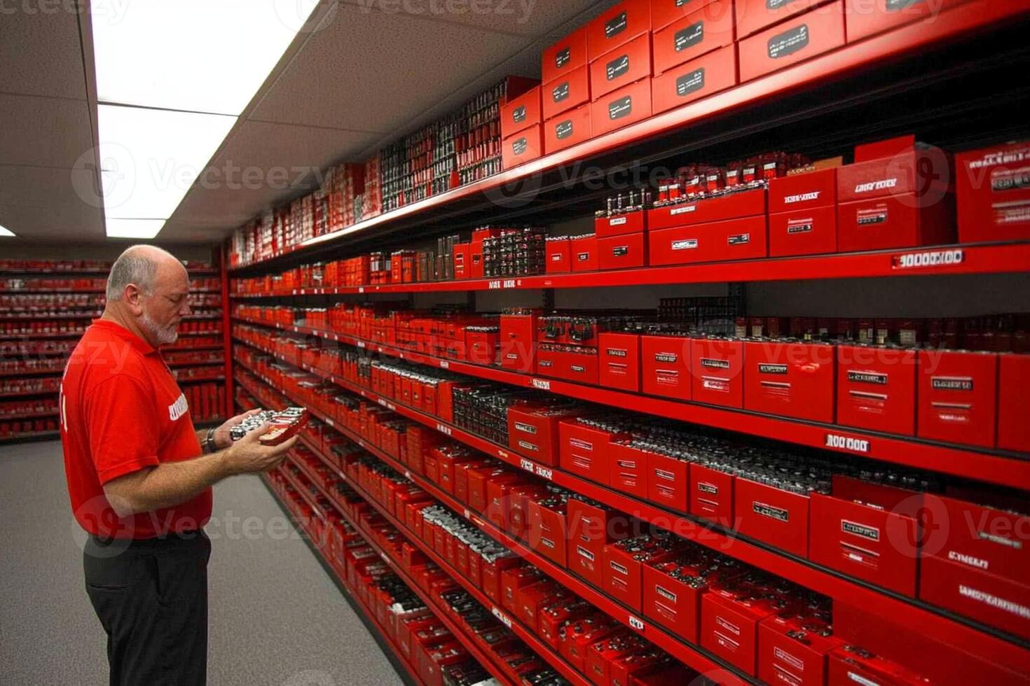 A man in a red shirt is looking at a shelf of red boxes photo