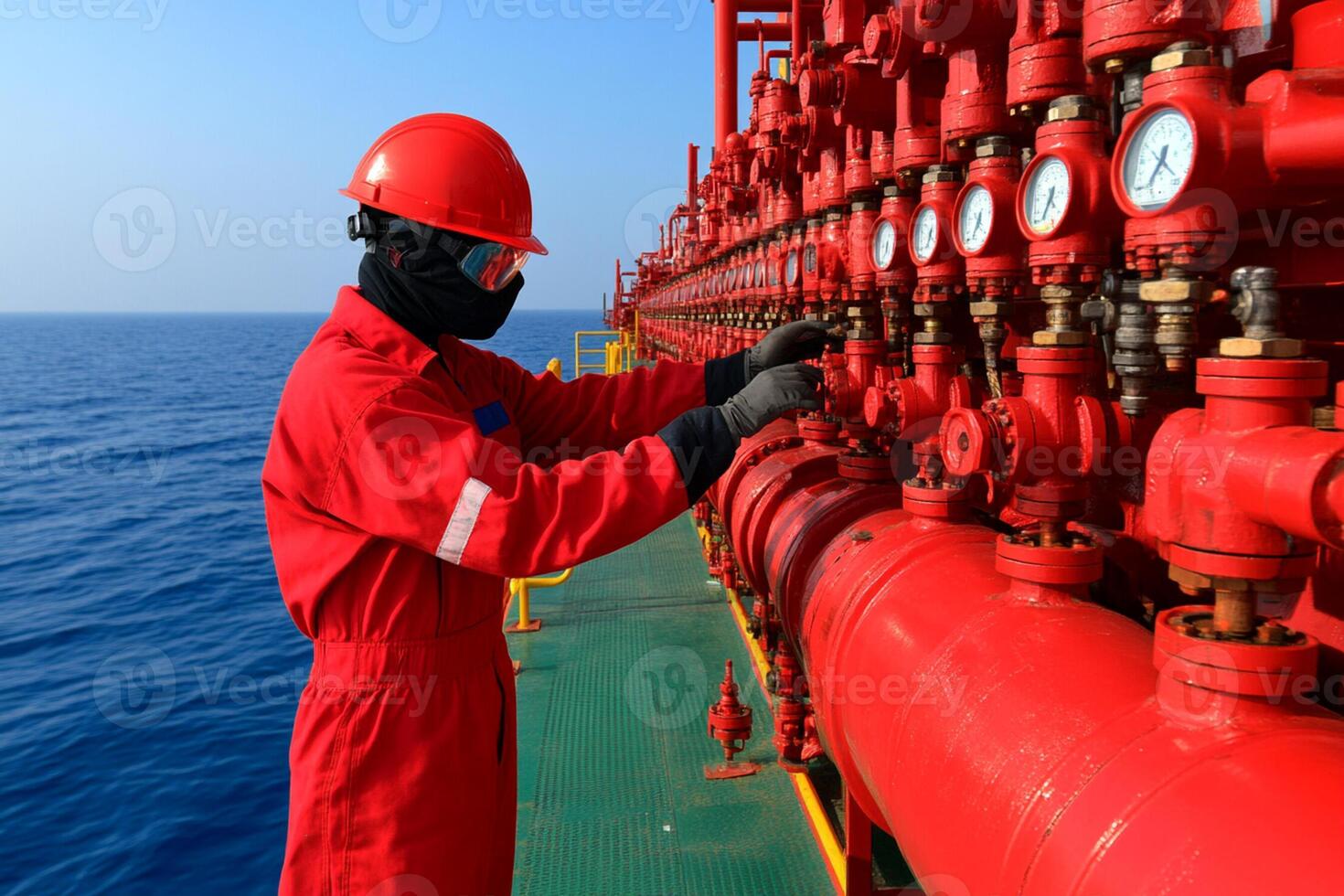 A man in a red suit is working on a pipe photo