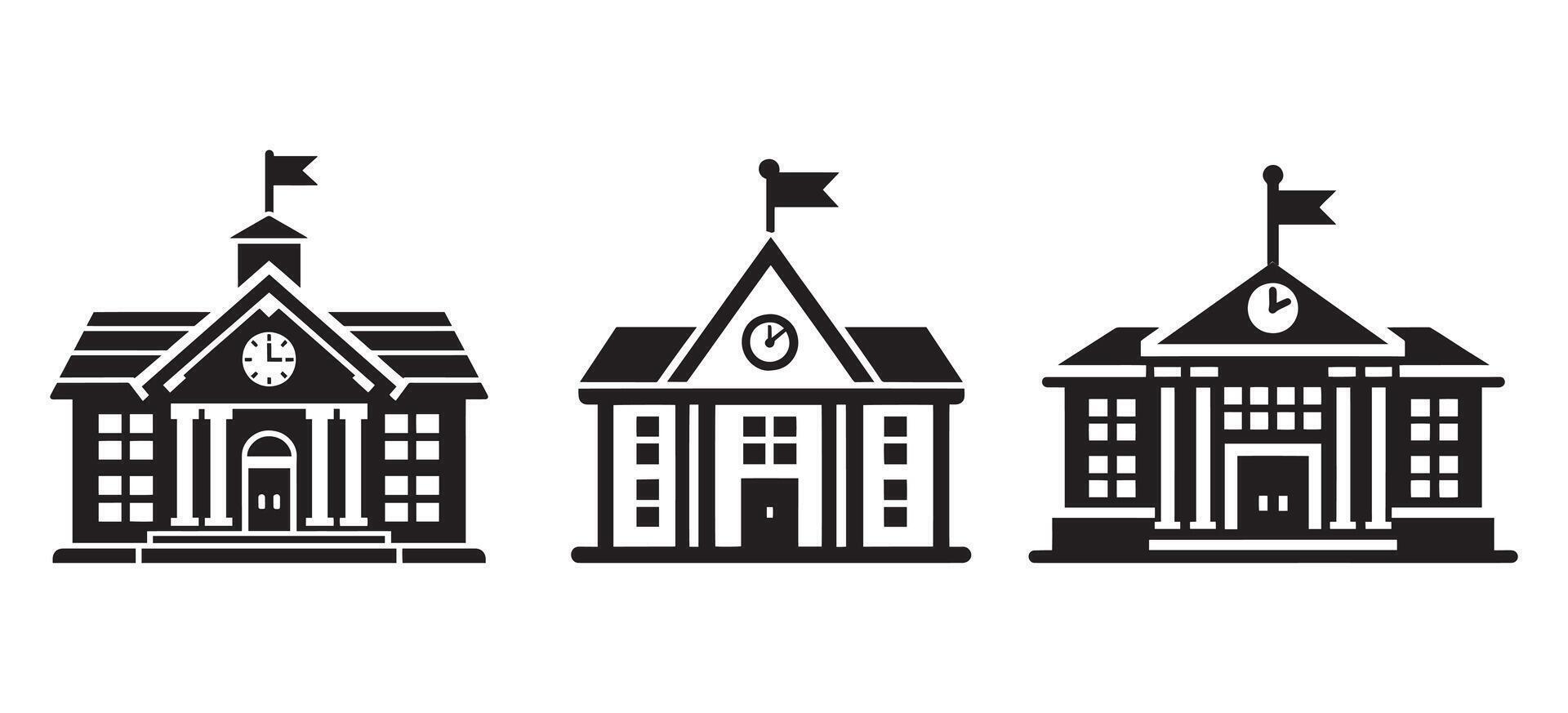 School Building Icons with Flags and Clocks Representing Education Institutions Learning Centers Architecture and Academic Structures vector