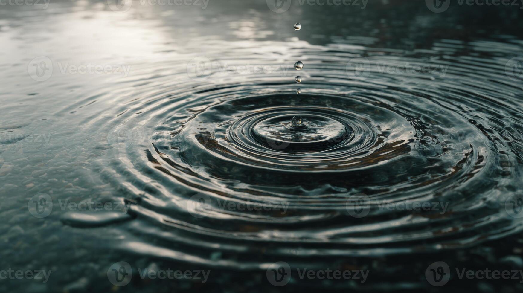 Droplet Falls Into Calm Water Creating Circles and Ripples on Surface in Natural Setting with Soft Light and Serenity photo