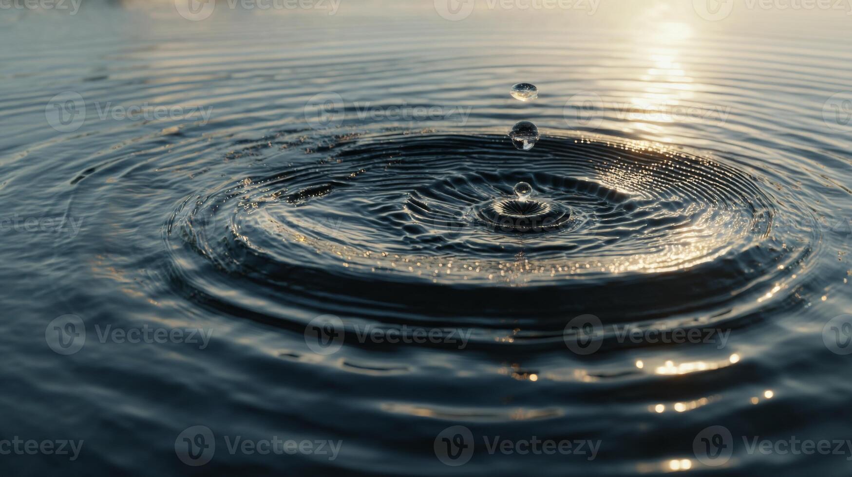 Close-Up of Water Droplet Creating Ripples on Calm Water Surface at Sunset with Beautiful Reflection of Light photo