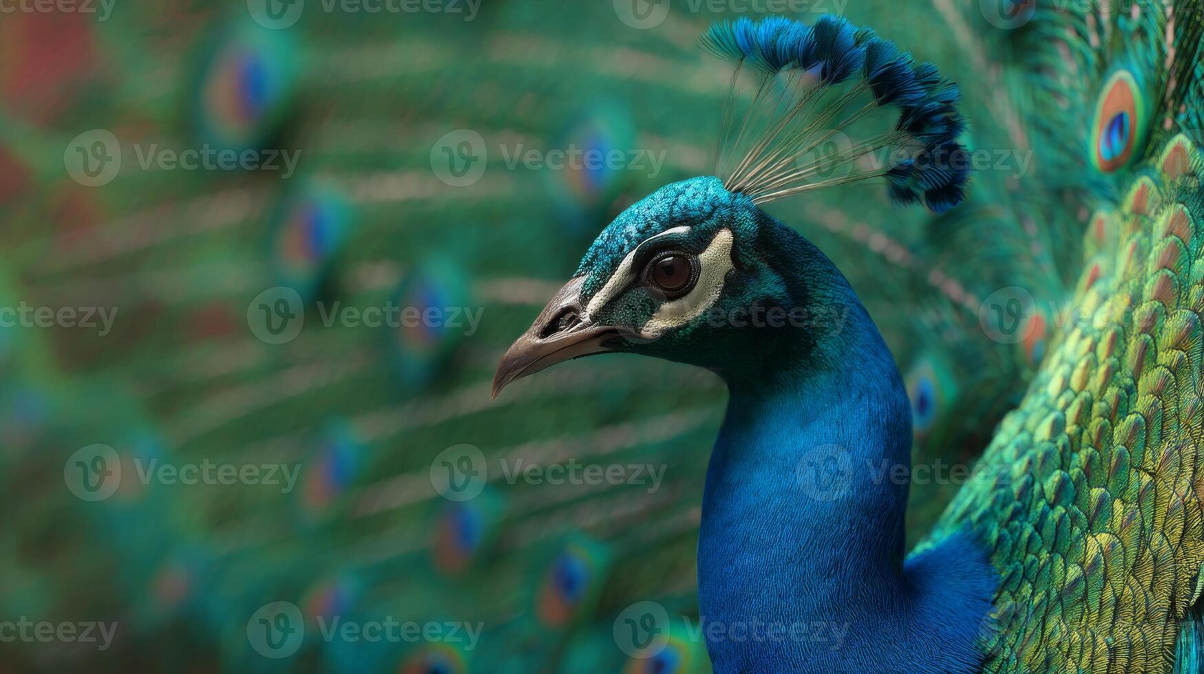 Vibrant Close-Up of Peacock Displaying Iridescent Feathers and Striking Colors in Natural Habitat photo