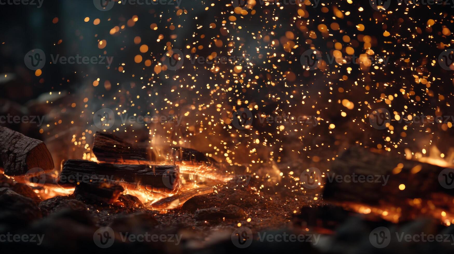 Glowing Sparks Emanating from Burning Wood in a Warm Fire Pit Creating a Cozy Atmosphere for Gathering and Relaxation photo