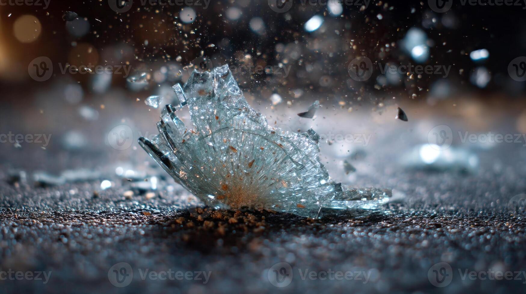 Shattered glass explosion with fragments scattering on a dark background, creating a dramatic and dynamic visual effect photo