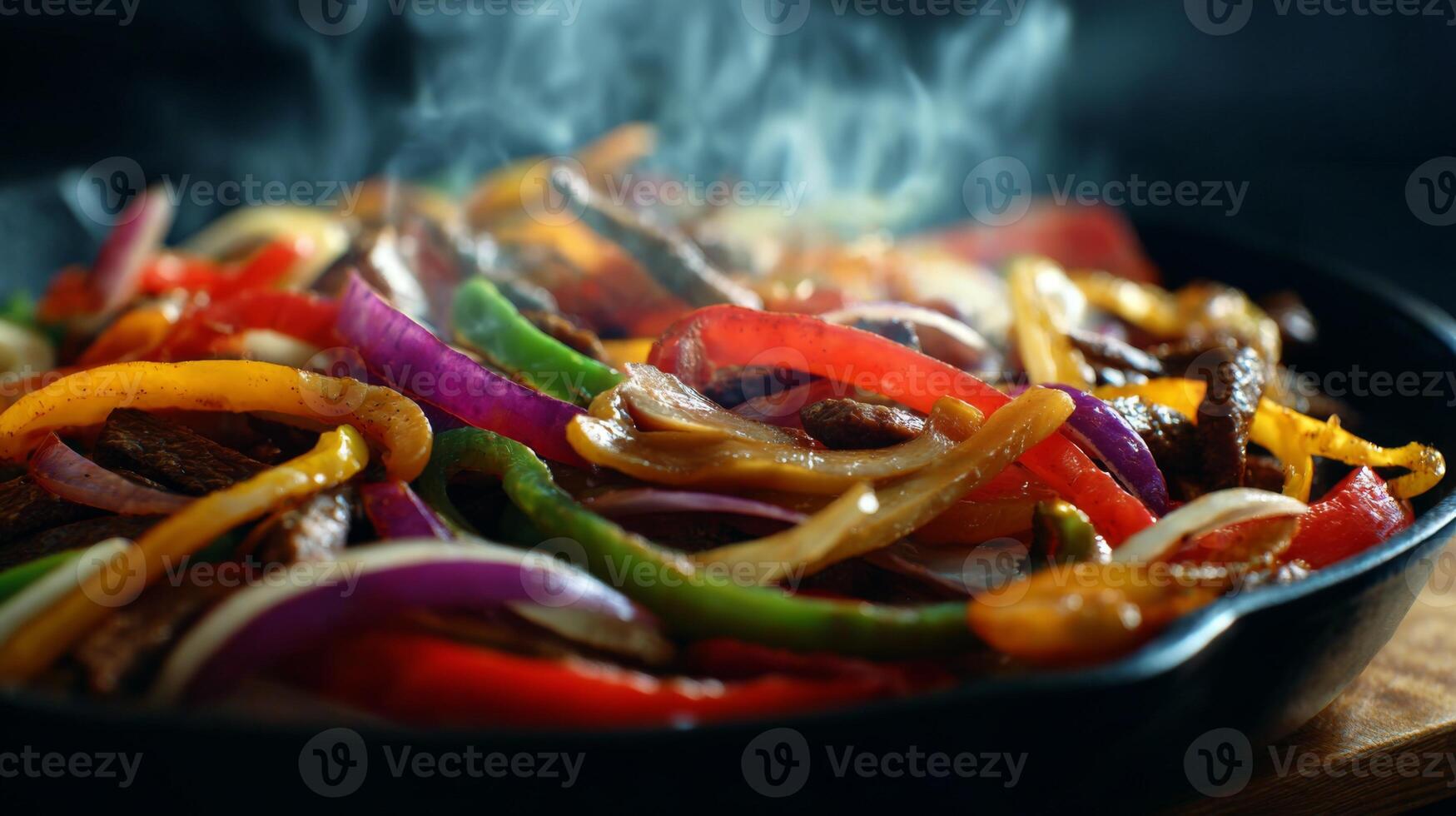 Colorful Sizzling Fajita Dish with Assorted Peppers and Onions Steaming in a Cast Iron Skillet on a Wooden Table photo