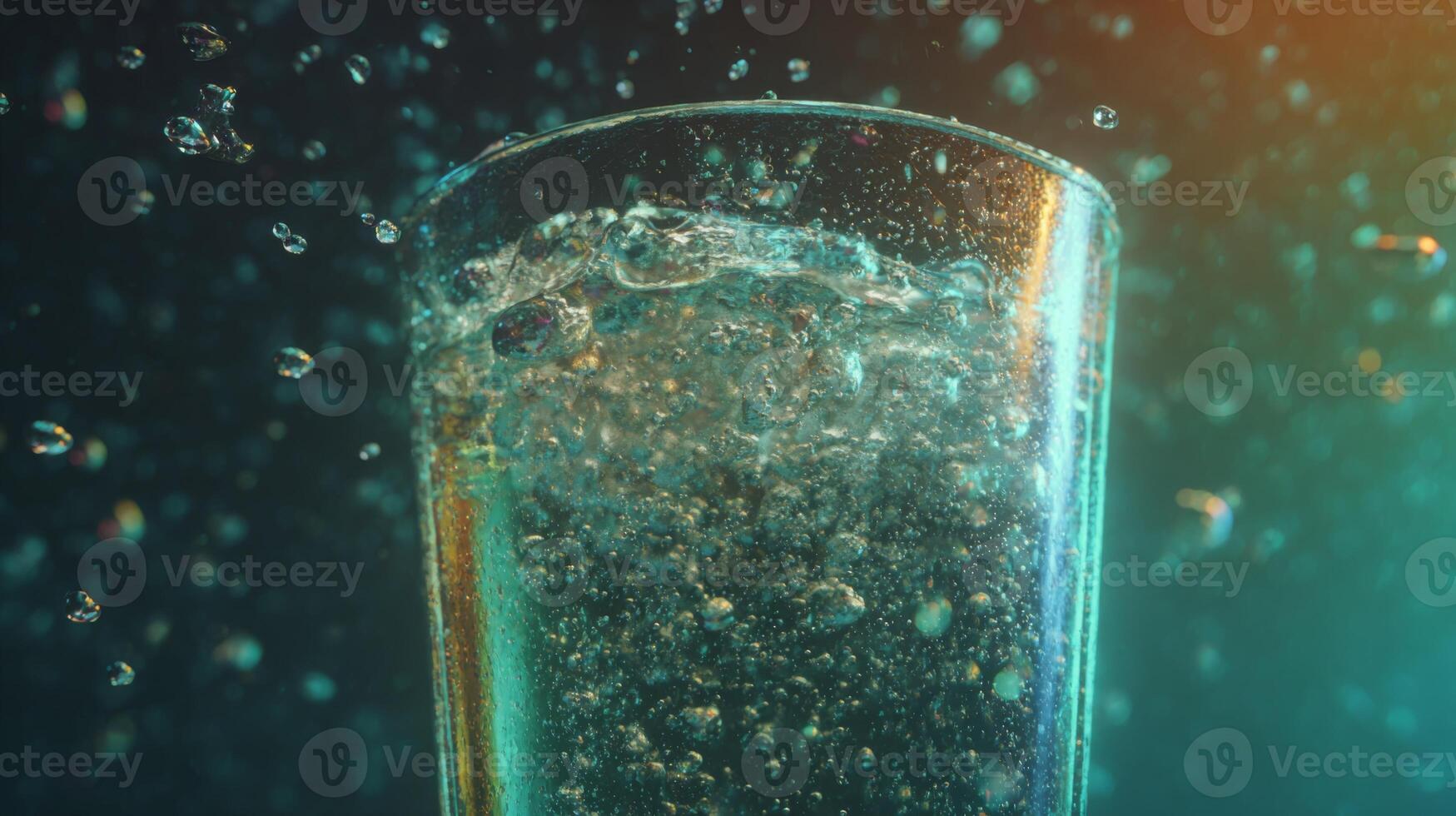 Bubbles Rising in Sparkling Water Glass with Light Reflections Creating an Enchanting Visual Experience in Aqua Tones photo